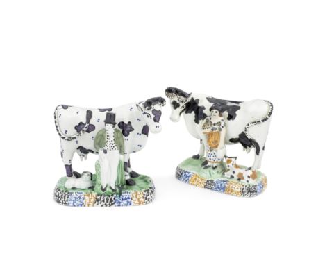 Two Yorkshire Prattware cow and figure groups, circa 1820Of 'Factory that used a Large Crown Mark' type, the cows with black 