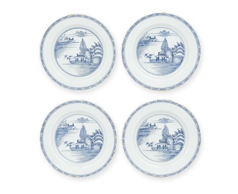 A set of six English delftware plates, circa 1780Probably London, each painted in blue with a Chinese riverscape, tall rocks,