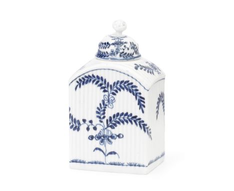 A good Lowestoft tea canister and cover, circa 1770-80Of finely ribbed, rectangular form, the domed cover with a flower finia