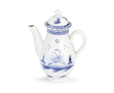 A Caughley toy coffee pot and cover, circa 1785-88 Of slender baluster shape, painted in blue with the 'Island' pattern consi