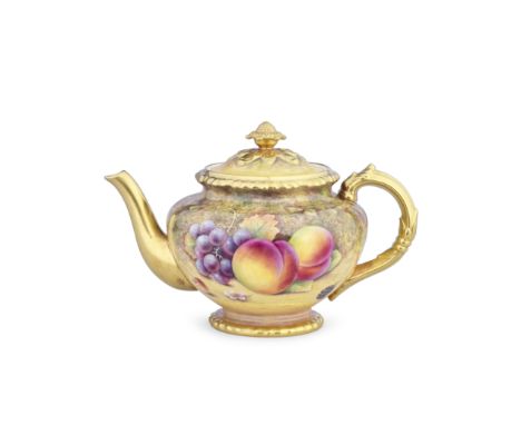 A Royal Worcester 'Painted Fruit' teapot and cover by Peter Platt, circa 1970Of generous size, fully painted with autumn frui