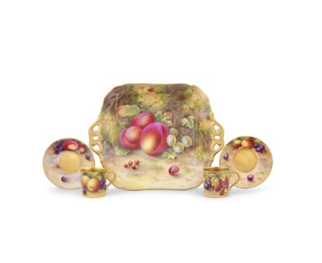 A Royal Worcester 'Painted Fruit' dish by Edward Townsend and a pair of coffee cans and saucers, dated 1933-38Painted with a 