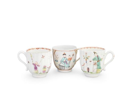 Three Derby coffee cups, circa 1760-70Two of ribbed form with scrolled handles, painted with Mandarin figures including a lad