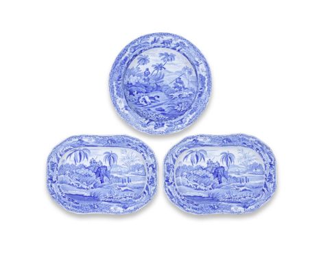 A pair of Spode platters and a soup plate from the 'Indian Sporting' series, circa 1810-20Printed in blue, the small platters