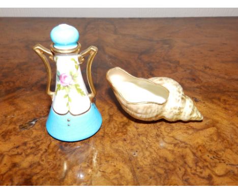 A Royal Worcester miniature shell, 3.2” across together with a miniature Minton covered vase – finial incomplete  (2)