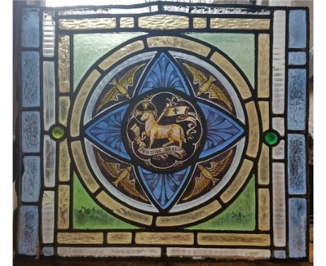 A Victorian leaded light stained glass panel depicting the Lamb of God – 'Agnus Dei', 18.5” x 21”