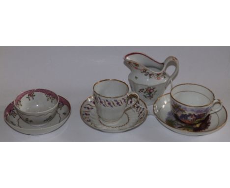 A New Hall cream jug and three various New Hall cups & saucers (7)