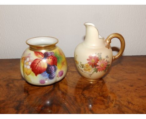 A Royal Worcester vase painted raspberries by Blake, 2.9” together with a small jug (2)