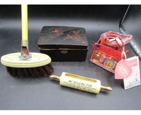 Vendula bags ceramica mini shop front charm, vintage Kleeneze sweeper brush, rolling pin ornament and Japanese lacquered box 