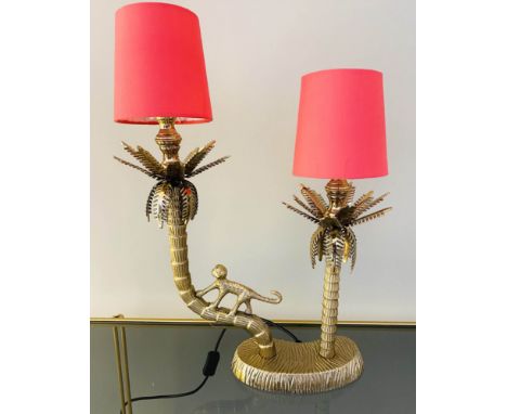 TABLE LAMP, gilt metal, twp bramch monkey climbing palm tree, 50cm x 32cm x 15cm. 