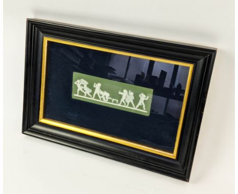 WEDGEWOOD GREEN JASPERWARE PLAQUE, children playing Blind man's Bluff, in black and gilt frame, 40cm x 28cm. 