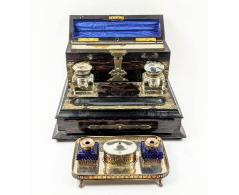 DESK STAND, Victorian Gothic, circa 1870, coromandel veneered, stationary section, ink pots, frieze drawer, plus a 19th centu