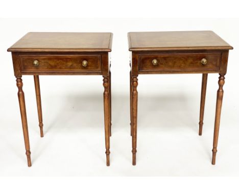 LAMP TABLES, a pair, George III design burr walnut each with single drawer and turned supports, 57cm W x 46cm D x 77cm H. (2)