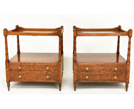 LAMP TABLES, a pair, George III design figured walnut each galleried with two drawers and undertier, 55cm x 48cm x 63cm H. (2