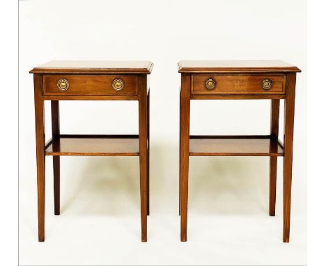 LAMP TABLES, a pair, Georgian design mahogany and satinwood crossbanded each with frieze drawer and undertier, 40cm W x 33cm 