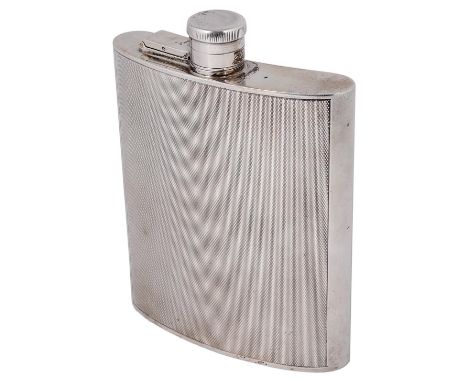 A GEORGE VI SILVER HIP FLASK, J.B. CHATTERLEY & SONS LTD., BIRMINGHAM, 1942curved oblong form, the front engine-turned, with 