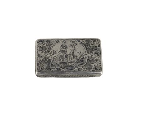 AN AUSTRO-HUNGARIAN SILVER AND NIELLO SNUFF BOX, MAKER’S MARK LK, PRAGUE, 1846rectangular, the hinged lid decorated with a vi