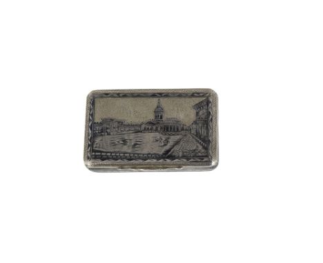 A RUSSIAN SILVER AND NIELLO SNUFF BOX, MAKER’S MARK GG IN CYRILLIC, ASSAY MASTER NIKOLAI DUBROVIN, MOSCOW, 1838rectangular, t