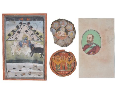 FOUR MISCELLANEOUS INDIAN PAINTINGS, 19TH-20TH CENTURIESgouache on paper, comprising Krishna as herdsman, playing the flute; 