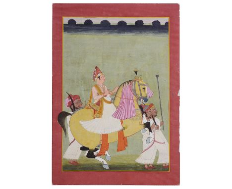 PORTRAIT OF A RULER ON HORSEBACK, NAGAUR OR JODHPUR, RAJASTHAN, CIRCA 1800gouache with gold on paper, the young man depicted 