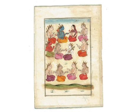 A GATHERING WITH KRISHNA, RADHA AND BALARAMA, PROBABLY BIKANER, INDIA, 18TH CENTURYgouache with gold on paper, the eleven fig