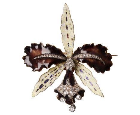 EIGHTEEN CARAT GOLD, ENAMEL AND DIAMOND BROOCH, FRENCH, LATE 19TH CENTURYdesigned as an orchid decorated naturalistically in 