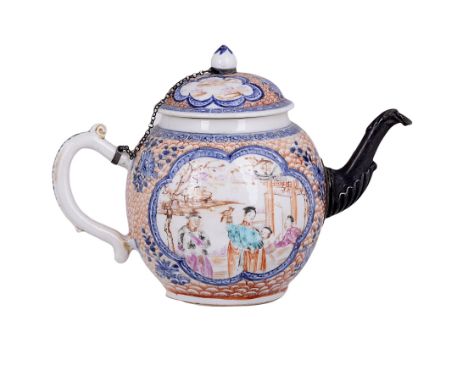 A CHINESE PORCELAIN TEAPOT AND COVER, QIANLONG (1736-1795)globular, Mandarin palette, painted each side with a figurative pan