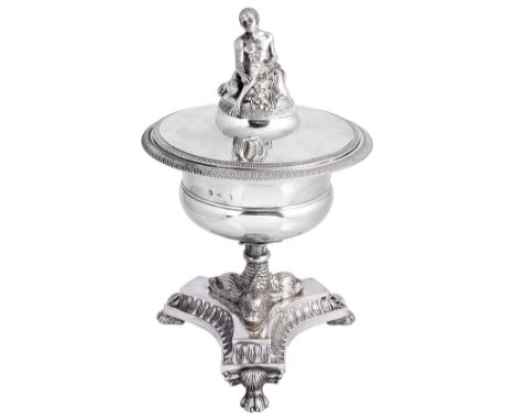 AN ITALIAN SILVER SUGAR VASE AND COVER, EMANUELE CABER, MILAN, CIRCA 1820the triform base with openwork formal leaf border ab