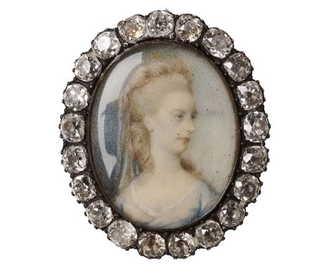 ~A GOLD, DIAMOND AND PORTRAIT MINIATURE PENDANT, LATE 18TH CENTURYthe English School miniature, late 1770s, of a young lady p