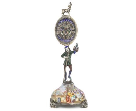 AN AUSTRO-HUNGARIAN SILVER AND ENAMEL DESK TIMEPIECE, UNMARKED, VIENNA, LATE 19TH CENTURYthe oval clock with watch movement s