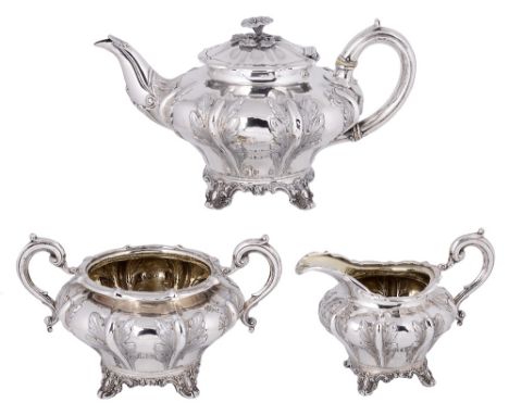 ~A WILLIAM IV SILVER THREE-PIECE TEA SET, PEARCE & BURROWS, LONDON, 1836compressed ogee, chased with matted acanthus flanking