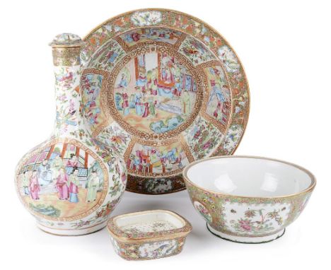 A CHINESE FAMILLE ROSE WATER BOTTLE AND A BASIN, CANTON, 19TH CENTURYeach painted with figurative panels inside key pattern b