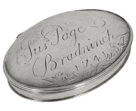 A SILVER SNUFF BOX, MAKER’S MARK ?a, LONDON, CIRCA 1710oval, the lid engraved ‘Susa Page / Bradninch / 1741’ above leafy fron