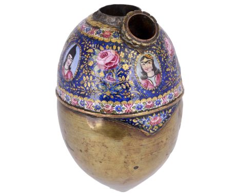 ‡ A QAJAR ENAMELLED BRASS QALIAN BOTTLE, PERSIA, 19TH CENTURYof drop-shaped form, the domed upper portion with polychrome and
