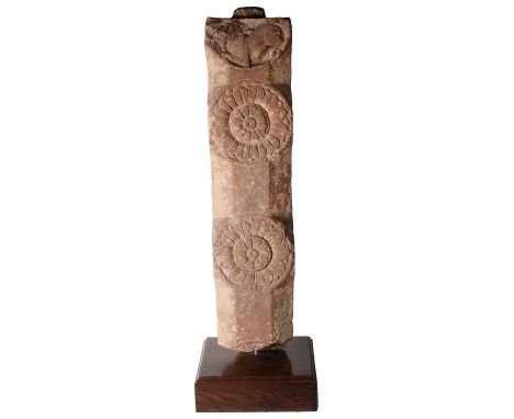 A KUSHAN MOTTLED PINK SANDSTONE FRAGMENTARY RAILING COLUMN, MATHURA REGION, NORTHERN INDIA, 2ND/3RD CENTURYthe faceted front 