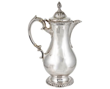 ~A GEORGE III SILVER HOT WATER JUG, MAKER’S MARK ATTRIBUTED TO DAVID WHYTE, LONDON, 1768baluster, gadroon foot, beaded lip, g