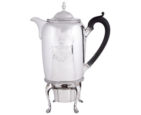 A GEORGE III SILVER COFFEE BIGGIN ON STAND WITH BURNER, JOHN EDWARDS, LONDON, 1803oval, gadroon borders, the pot engraved to 