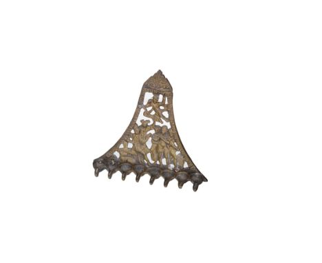 A BRASS HANUKKAH LAMP, PERHAPS ITALIAN 18TH / 19TH CENTURYthe triangular openwork backplate cast with a scene of the Judgment