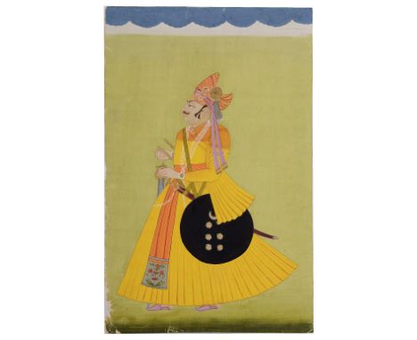 A PORTRAIT OF A RULER, JODHPUR, RAJASTHAN, INDIA, EARLY 19TH CENTURYgouache with silver and gold on paper, the male figure we