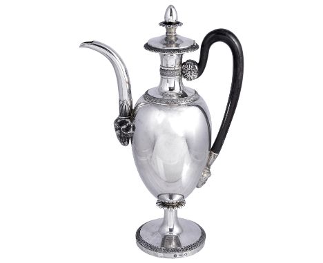 AN ITALIAN SILVER COFFEE POT, EMMANUELE CABER, MILAN, CIRCA 1820with milled borders, the ovoid body on pedestal foot, with sl