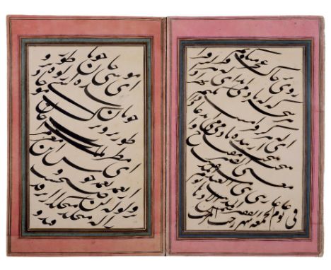 ‡ A DOUBLE PAGE OF CALLIGRAPHY, QAJAR, DATED MONTH OF RAJAB (JANUARY) AH 1278/1861 ADink on paper, laid on an album page, eac