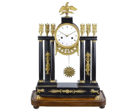 AN ORMOLU-MOUNTED BLACK MARBLE PORTICO CLOCK, FRENCH, CIRCA 1800drum movement with silk suspension striking on a bell, white 