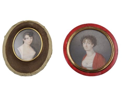~THREE CONTINENTAL PORTRAIT MINIATURES, ALL EARLY 19TH CENTURYone of a lady with lace bonnet and dove blue dress, on ivory, F