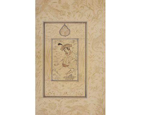 ‡ TWO DRAWINGS OF SEATED MALE FIGURES, QAJAR, PERSIA, 19TH CENTURYink and gold with touches of colour on paper, laid on album
