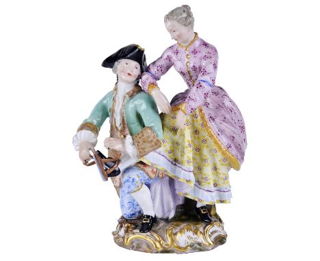 A MEISSEN GROUP OF ICE SKATERS, MID 19TH CENTURYafter an 18th century model, the behatted gentleman kneeling to tie the skate