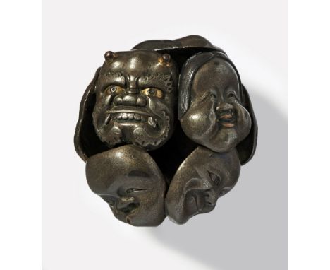 A JAPANESE NETSUKE OF A CLUSTER OF MASKS, BY HARUAKI, LATE 19TH CENTURYshibuichi with some gilt eyes and copper lips, signed 