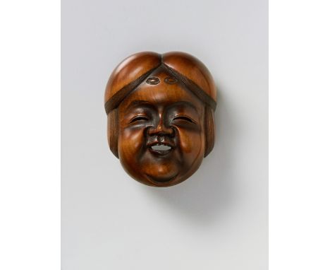 A JAPANESE MASK NETSUKE OF OKAME, BY SHUMIN, 19TH CENTURYboxwood, signed ‘Shumin’4.6cm high Peter E. Müller Japanese Mask Col