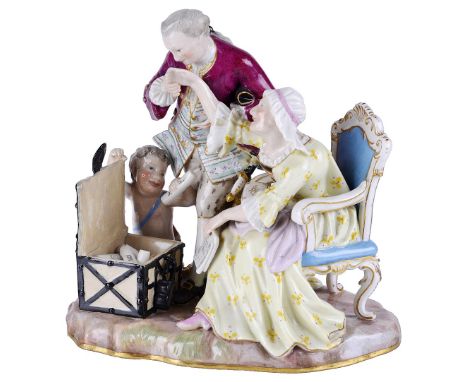 A MEISSEN GROUP OF THE OLD WOMAN IN LOVE, LATE 19TH CENTURYthe young swindler supposedly paying court by kissing the hand of 