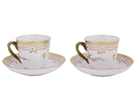 A PAIR OF ROYAL COPENHAGEN ‘FLORA DANICA’ CUPS AND SAUCERS, 1969-74each cup painted with a titled specimen, branch handles, t