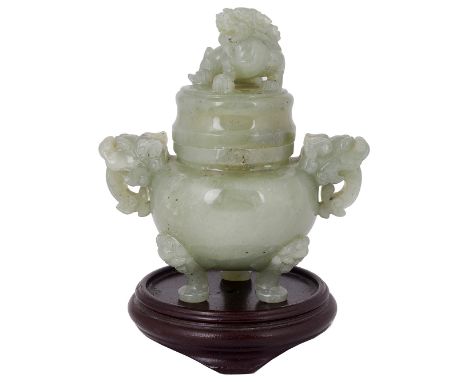 A CHINESE JADE CENSER &amp; COVER, 20TH CENTURYbulbous, carved with lion mask openwork handles and four lion mask headed feet